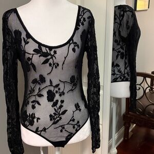 Vintage Fredericks of Hollywood Black Sheer Floral Lace Bodysuit